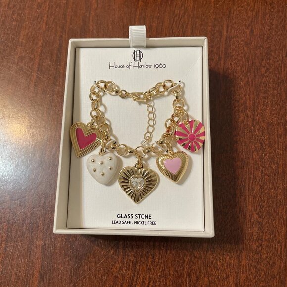 House of Harlow 1960 Gold Tone Chunky Heart Charm Bracelet - VALENTINE'S DAY - Picture 1 of 1